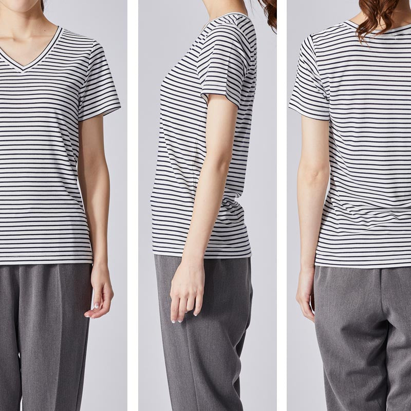 高機能 インナー Tシャツ【全5色】<br>Vネック Uネック 半袖 無地 ボーダー UVカット 接触冷感 機能素材 レディース 女性 20代 30代 40代 定番 無地カットソー 無地Tシャツ 半袖Tシャツ シンプル 黒 白 グレー ルームウェア 春夏 秋冬 SS AW