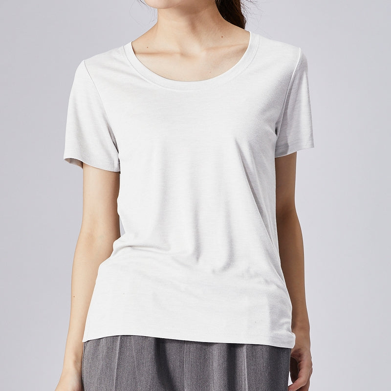 高機能 インナー Tシャツ【全5色】<br>Vネック Uネック 半袖 無地 ボーダー UVカット 接触冷感 機能素材 レディース 女性 20代 30代 40代 定番 無地カットソー 無地Tシャツ 半袖Tシャツ シンプル 黒 白 グレー ルームウェア 春夏 秋冬 SS AW