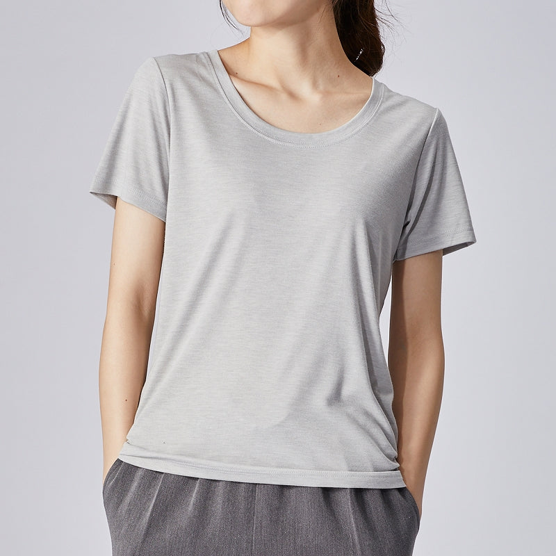 高機能 インナー Tシャツ【全5色】<br>Vネック Uネック 半袖 無地 ボーダー UVカット 接触冷感 機能素材 レディース 女性 20代 30代 40代 定番 無地カットソー 無地Tシャツ 半袖Tシャツ シンプル 黒 白 グレー ルームウェア 春夏 秋冬 SS AW