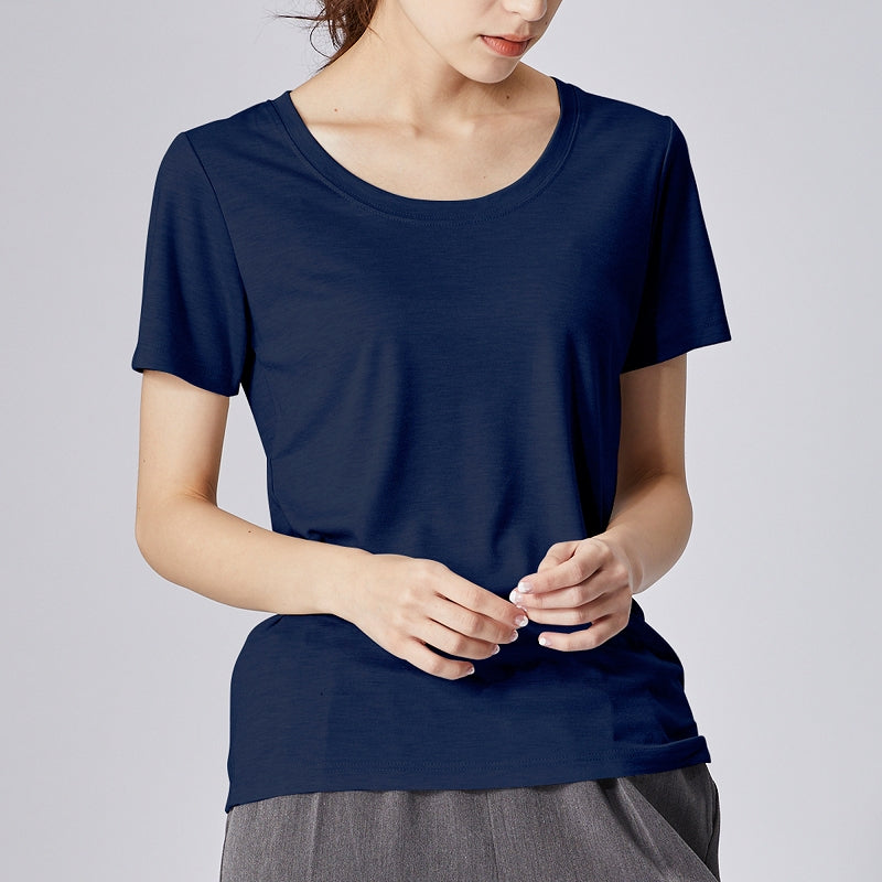 高機能 インナー Tシャツ【全5色】<br>Vネック Uネック 半袖 無地 ボーダー UVカット 接触冷感 機能素材 レディース 女性 20代 30代 40代 定番 無地カットソー 無地Tシャツ 半袖Tシャツ シンプル 黒 白 グレー ルームウェア 春夏 秋冬 SS AW