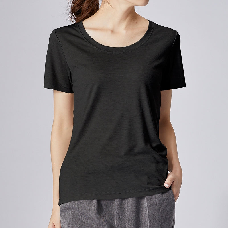 高機能 インナー Tシャツ【全5色】<br>Vネック Uネック 半袖 無地 ボーダー UVカット 接触冷感 機能素材 レディース 女性 20代 30代 40代 定番 無地カットソー 無地Tシャツ 半袖Tシャツ シンプル 黒 白 グレー ルームウェア 春夏 秋冬 SS AW