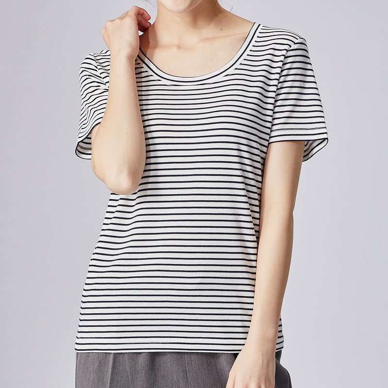 高機能 インナー Tシャツ【全5色】<br>Vネック Uネック 半袖 無地 ボーダー UVカット 接触冷感 機能素材 レディース 女性 20代 30代 40代 定番 無地カットソー 無地Tシャツ 半袖Tシャツ シンプル 黒 白 グレー ルームウェア 春夏 秋冬 SS AW