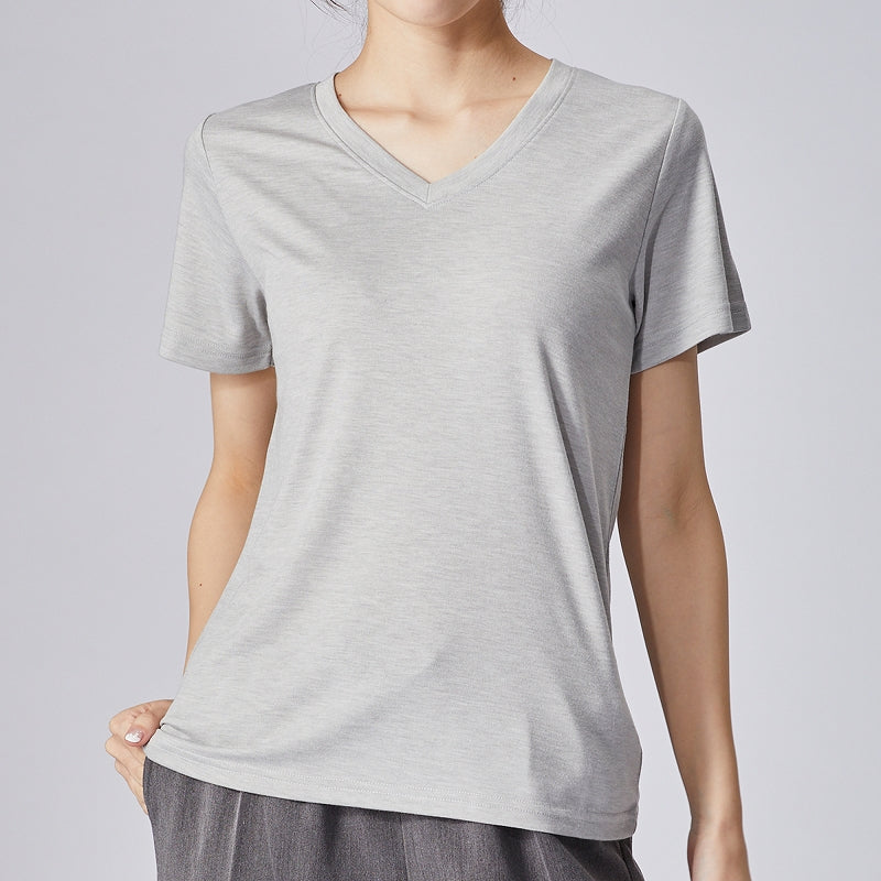 高機能 インナー Tシャツ【全5色】<br>Vネック Uネック 半袖 無地 ボーダー UVカット 接触冷感 機能素材 レディース 女性 20代 30代 40代 定番 無地カットソー 無地Tシャツ 半袖Tシャツ シンプル 黒 白 グレー ルームウェア 春夏 秋冬 SS AW