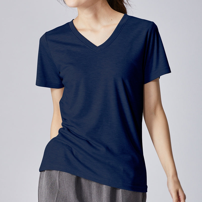 高機能 インナー Tシャツ【全5色】<br>Vネック Uネック 半袖 無地 ボーダー UVカット 接触冷感 機能素材 レディース 女性 20代 30代 40代 定番 無地カットソー 無地Tシャツ 半袖Tシャツ シンプル 黒 白 グレー ルームウェア 春夏 秋冬 SS AW