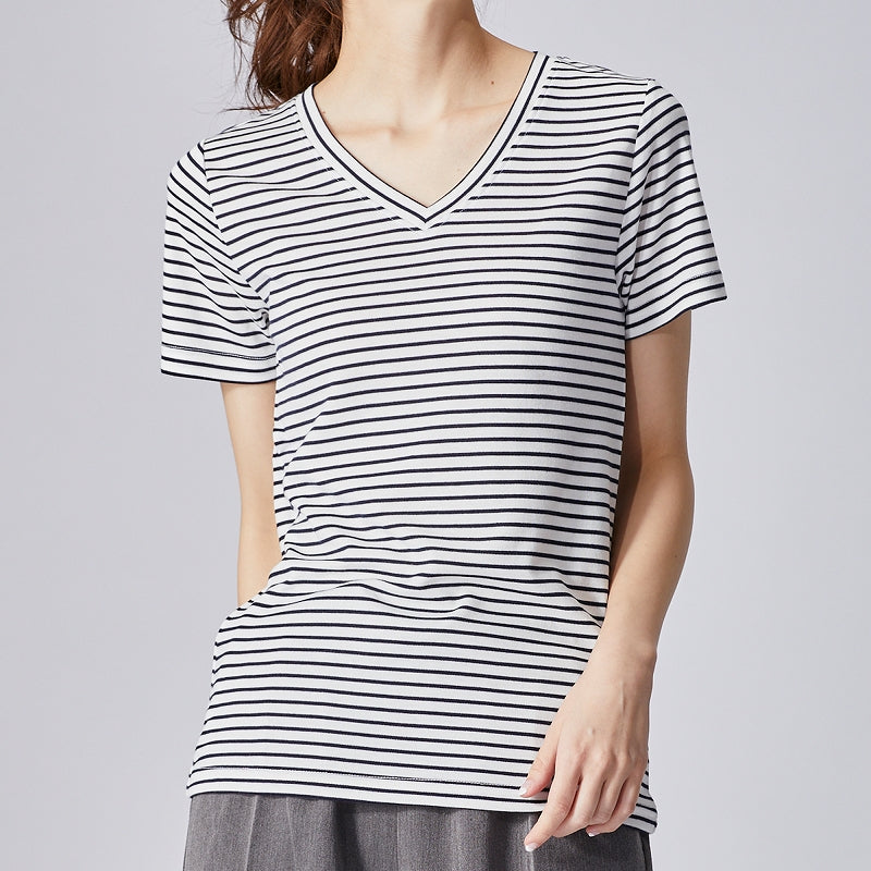 高機能 インナー Tシャツ【全5色】<br>Vネック Uネック 半袖 無地 ボーダー UVカット 接触冷感 機能素材 レディース 女性 20代 30代 40代 定番 無地カットソー 無地Tシャツ 半袖Tシャツ シンプル 黒 白 グレー ルームウェア 春夏 秋冬 SS AW