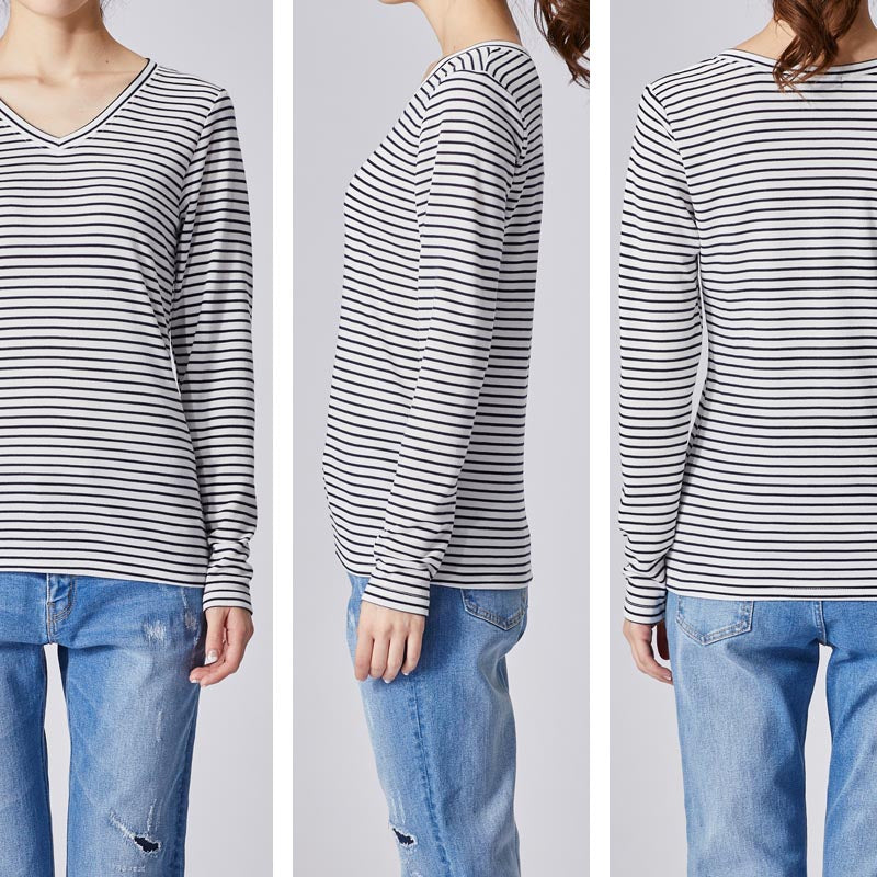 高機能 インナー ロンT【全6色】<br>Vネック Uネック 長袖 ロングtシャツ Tシャツ 無地 ボーダー UVカット 接触冷感 機能素材 レディース 女性 20代 30代 40代 定番 無地カットソー 無地ロンT 長袖Tシャツ シンプル ロンT 黒 白 グレー ルームウェア 春夏 秋冬 SS AW
