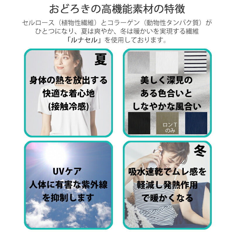 高機能 インナー ロンT【全6色】<br>Vネック Uネック 長袖 ロングtシャツ Tシャツ 無地 ボーダー UVカット 接触冷感 機能素材 レディース 女性 20代 30代 40代 定番 無地カットソー 無地ロンT 長袖Tシャツ シンプル ロンT 黒 白 グレー ルームウェア 春夏 秋冬 SS AW