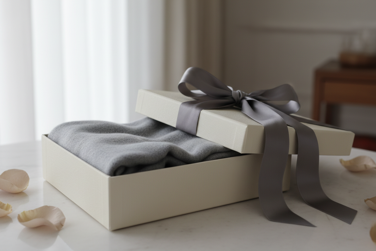 ギフトボックスに入ったカシミヤマフラーの写真。リボンがかかった上品なパッケージ。